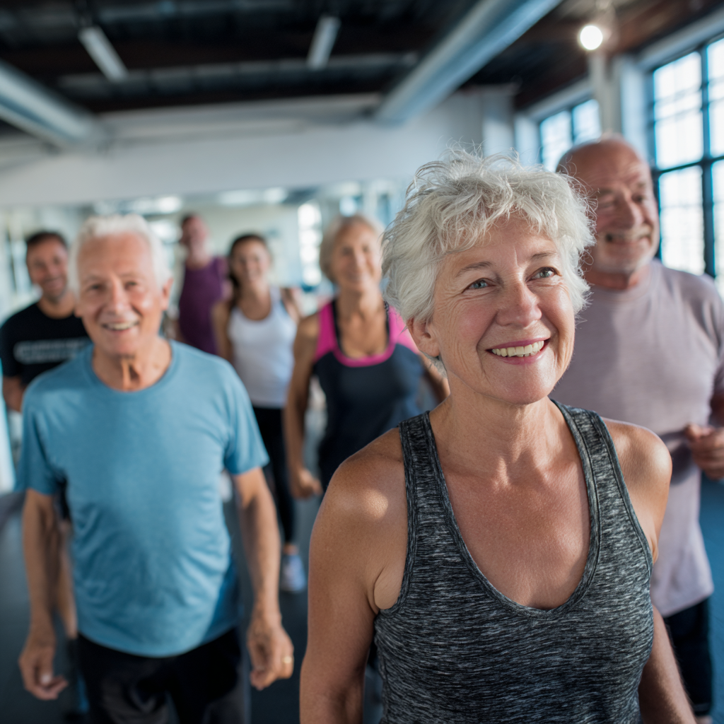 Група от осем души между 55-65 години, които правят упражнения заедно в просторна фитнес зала с естествена светлина
