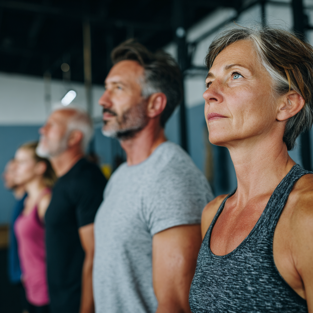 Група от хора между 50-60 години, които правят кросфит упражнения в светла фитнес зала с професионален треньор