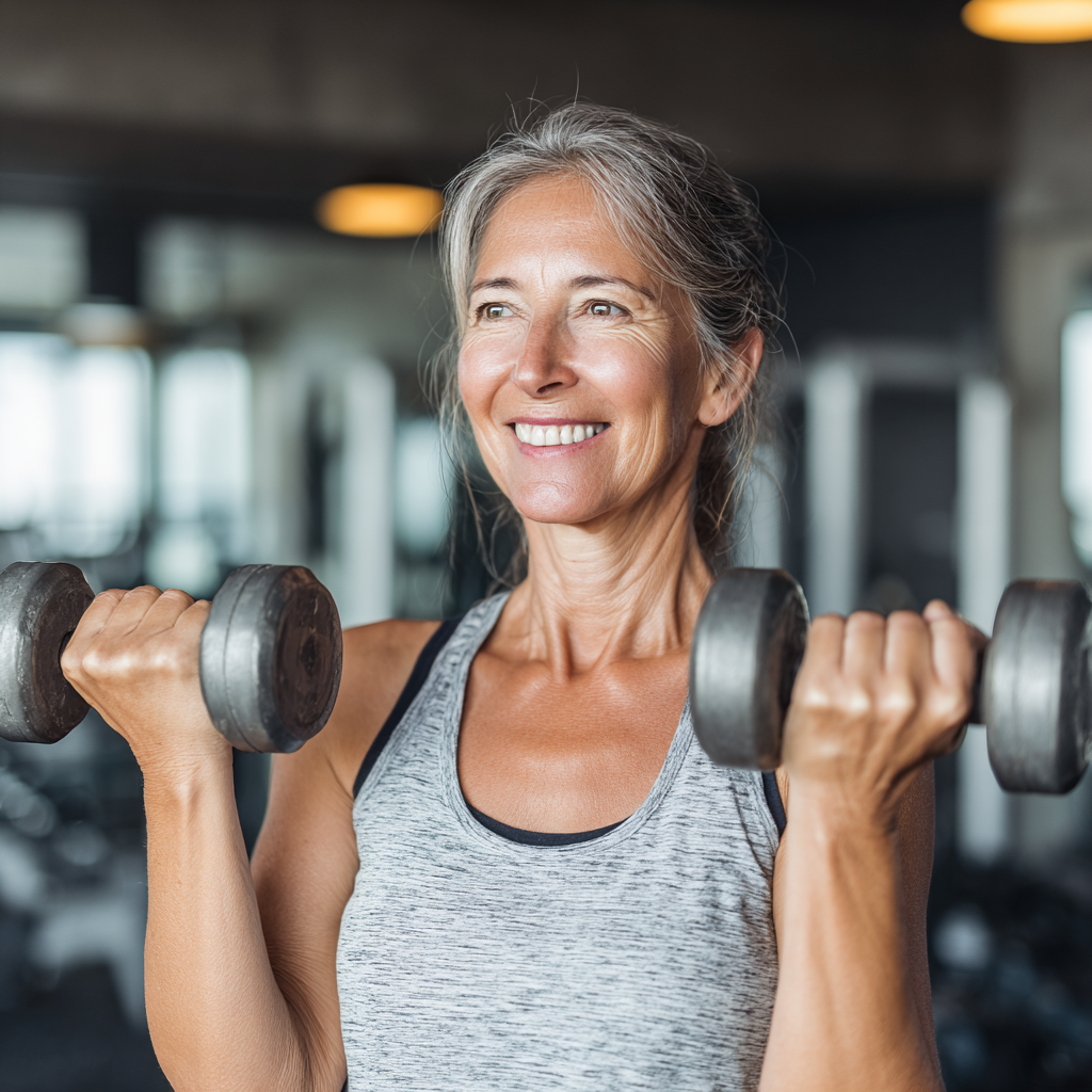 Усмихната жена на 55 години в спортно облекло, която прави упражнения с дъмбели в модерна фитнес зала